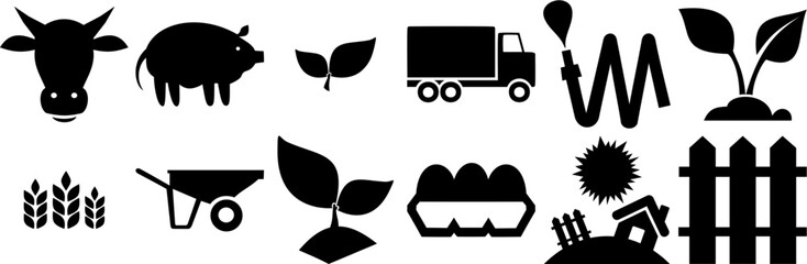 Set Of Agriculture Icons Silhouette Vector Logo Design Containing Soil,Fence,Animal,Plant Business Infographic Elements Logo Vector Illustration