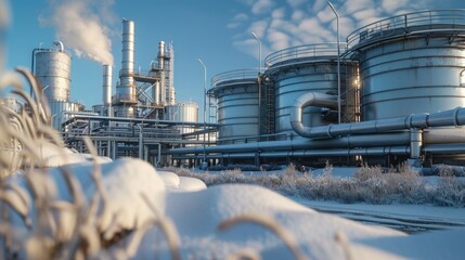 Obraz premium A factory with numerous pipes and machinery, perfect for industrial concepts and winter themes