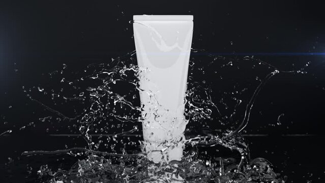 Closeup Slow motion Water splash from back Bootle Cosmetics Product object isolate on black background. 3D animation.	