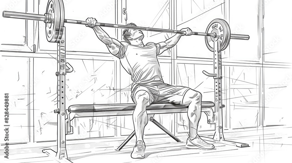 Poster a man performing a barbell squat exercise on a bench. suitable for fitness and workout concepts