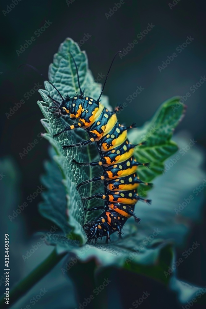Poster close up view of a caterpillar butterfly resting on a green leaf. suitable for nature and wildlife t