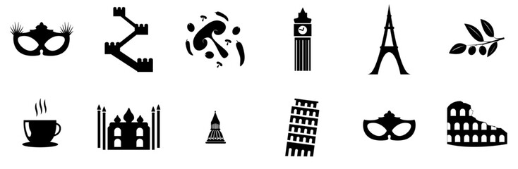 A Collection Of Accessories Food And Landmarks Vector Symbols Apps, Websites Ui Designs Suitable For Masquerade,Mask,Ball,Party,Olives Business Infographic Elements Logo Vector Illustration
