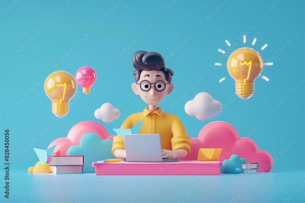 Poster a man sitting at a table working on his laptop. suitable for business and technology concepts