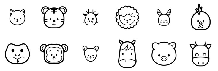 A Collection Of Chinese Zodiac Isolated Silhouette Solid Icons With Chicken,Chinese-Zodiac,Rooster,Horse,Animal Solid Icon Collection. Vector Illustration