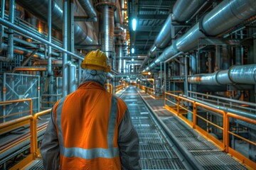 Fototapeta premium A man wearing an orange safety vest and hard hat. Suitable for construction and safety concepts