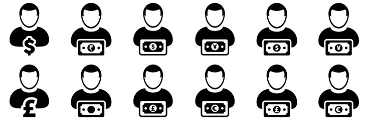 Set Of Linear Money Icons Vector Man With Currency Symbols Icons Collection Isolated Silhouette Solid Icons Including Banking,Money,Business,Finance,Currency Vector Icons Illustration Collection