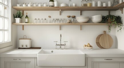Elegant white kitchen interior with stylish pendant lighting, stainless steel appliances, and open shelving