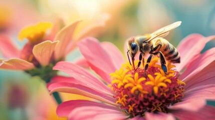 A bee sitting on top of a pink flower. Suitable for nature and garden themes - Powered by Adobe