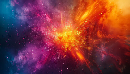 A colorful explosion of light and smoke with a bright orange and red center