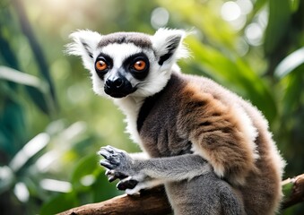 Obraz premium A playful Lemur catta strides confidently across a vibrant green lawn, its striking striped tail held high against a softly focused background of earthy rocks.
