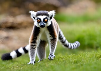 Fototapeta premium A playful Lemur catta strides confidently across a vibrant green lawn, its striking striped tail held high against a softly focused background of earthy rocks.