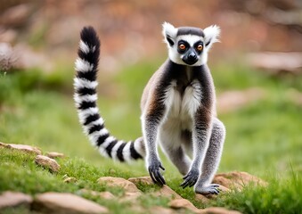 A playful Lemur catta strides confidently across a vibrant green lawn, its striking striped tail held high against a softly focused background of earthy rocks.