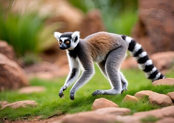 A playful Lemur catta strides confidently across a vibrant green lawn, its striking striped tail held high against a softly focused background of earthy rocks.