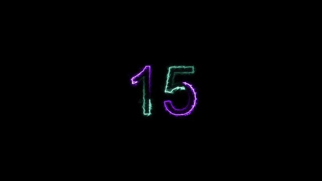 Countdown neon bright from 20 to 0 seconds cyan, blue color animation. black background 4k video.