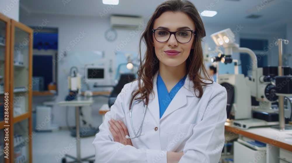 Poster a woman in a lab coat standing in front of a microscope. suitable for scientific and educational pro