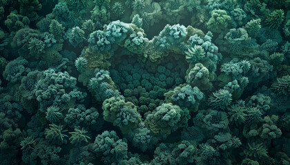 A heart made of trees is shown in a forest