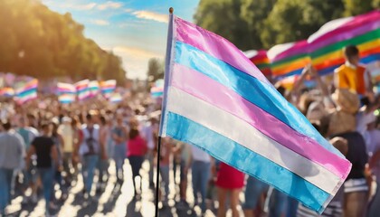 transgender flag on the background of the pride parade, lgbt pride month, fight against transphobia, tolerance