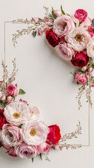 The composition is on a clean white sheet of paper decorated with an intriguing grid and pink and red roses.