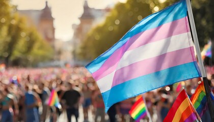 transgender flag on the background of the pride parade, lgbt pride month, fight against transphobia, tolerance