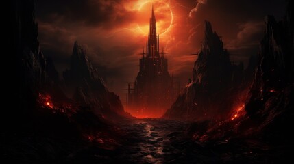 Apocalyptic Vision Of A Dark Fortress Amidst Lava Rivers Under A Crimson Sky. Generative AI