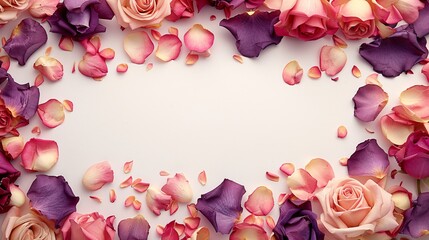 Pink, purple, and gold roses on white, petals arranged around the edges, creating text copy space in the center.