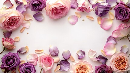 Pink, purple, and gold roses with scattered petals on a white background, ample space for text in the center