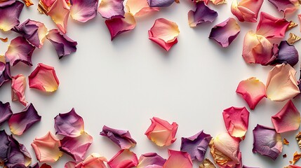 Scattered pink, purple, and gold rose petals on a white background, with a central area reserved for text