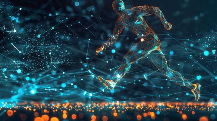 A digital illustration of a wireframe human figure running, surrounded by neon lights and network connections, symbolizing technology and speed.