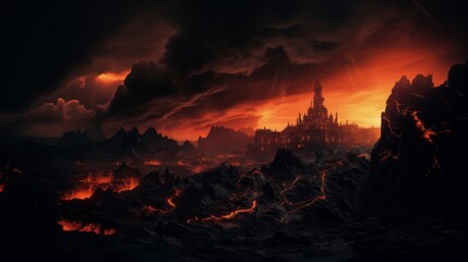 Apocalyptic Landscape With A Dark Castle Amidst Lava Fields Under A Crimson Sky. Generative AI