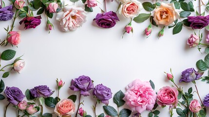 White background with pink, purple, and gold roses forming a border, leaving the middle free for text