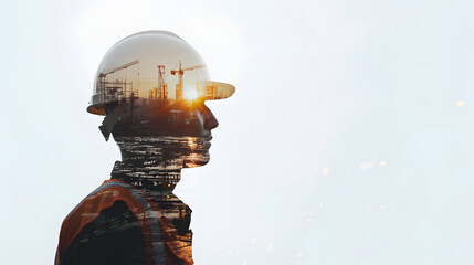 Double exposure of a handsome engineer in safety helmet back view with road construction site and machinery