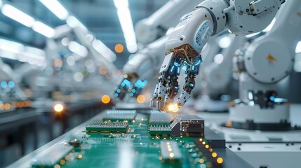 A close-up of robotic arms precisely assembling small electronic components on a high-tech assembly line in a modern factory.
