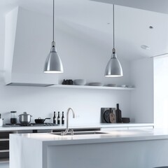 Modern minimalist white kitchen showcasing pendant lighting, stainless steel appliances, and open shelving
