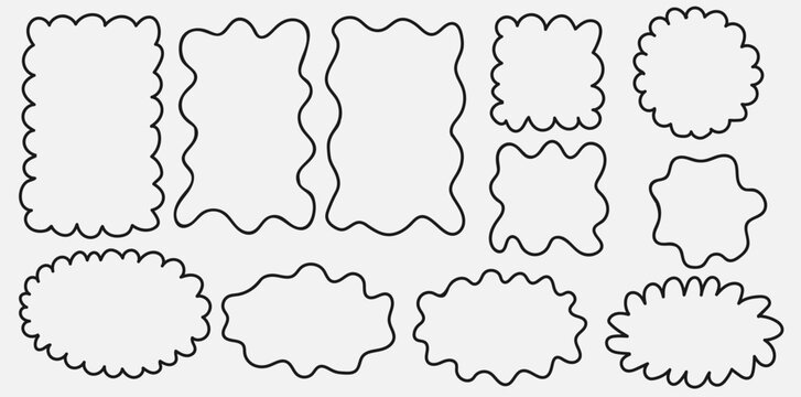 set of groovy curve frame. Drawing doodle wavy border. Circle and rectangle shape. Design elements