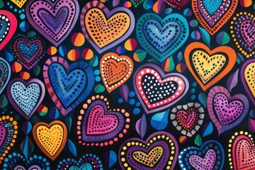 Fototapeta premium Brightly colored hearts are painted on a black background, love background 