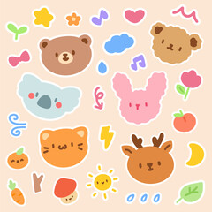 Cute Animal Faces and Nature Elements Sticker Set. Adorable sticker set features kawaii style animal faces and nature elements in a playful and colorful design.