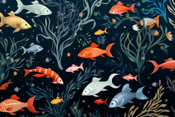 Colorful Illustration of Tropical Fish Swimming Amongst Seaweed in the Ocean. Generative AI