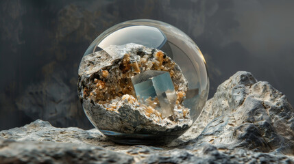 A glass ball with a rock inside of it