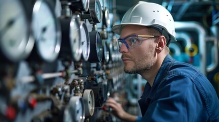 An engineer examining a control panel with various gauges and dials, checking the performance of automated systems in a factory during regular maintenance.