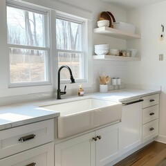 Fototapeta premium Elegant minimalist white kitchen featuring quartz countertops, a farmhouse sink, and open shelving