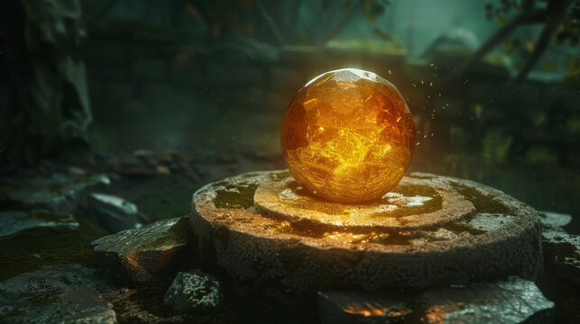 A golden ball sits on a stone platform in a dark, mysterious setting