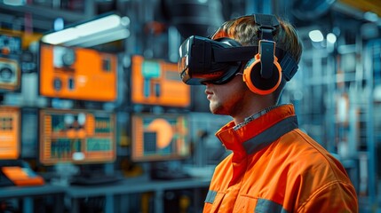 An industrial engineer using virtual reality goggles to simulate and optimize factory layouts and production workflows for maximum efficiency.