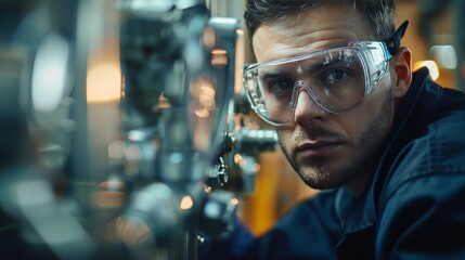 An industrial inspector wearing safety goggles and gloves examining a piece of equipment for defects or malfunctions.