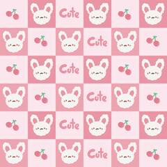 Cute Kawaii Bunny and Cherry Checkerboard Pattern. Cute pattern features a kawaii style checkerboard design with adorable bunny faces and cherries set against a pink background.