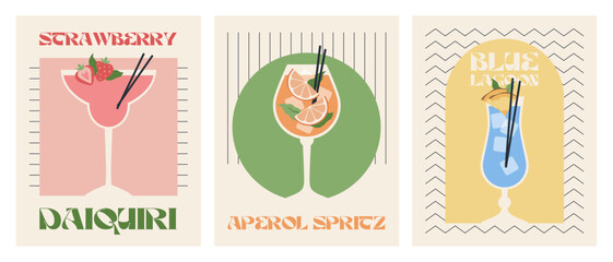 Poster drink set. Cocktail arts. Retro posters with alcohol cocktails. Aperol Spritz. Strawberry daiquiri. Blue lagoon. 90s 80s 70s groovy posters. Modern trendy print. Drink with fruit and ice.