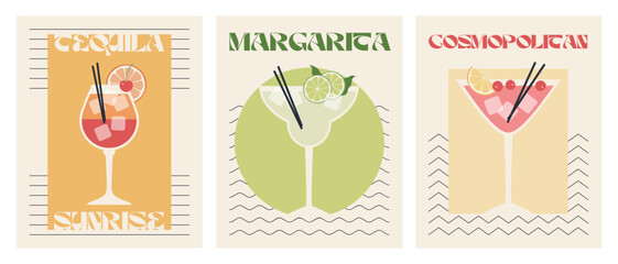 Poster drink set. Cocktail arts. Retro posters with alcohol cocktails. Tequila Sunrise. Margarita. Cosmopolitan. 90s 80s 70s groovy posters. Modern trendy print. Drink with fruit and ice.