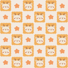 Cute Kawaii Deer and Star Pattern with Yellow Background. Adorable vector pattern featuring kawaii style deer faces and stars on a yellow and orange background.