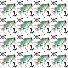 large mouth bass tuna fish, anchor and wooden ship steering wheel cartoon seamless pattern in vector illustration design 