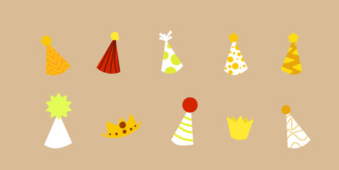 Party hat flat vector illustration set. Different hats and crowns combinations in bundle. Hand drawn elements in hand drawn style.