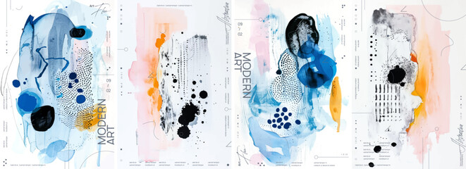 A series of abstract watercolor illustrations with organic shapes and fluid lines. The designs include elements like dots, patterns, splashes, and brush strokes.